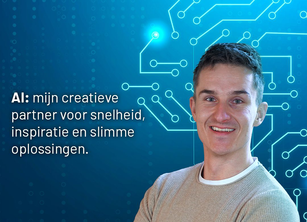 Portret met tekst over AI als creatieve partner en een digitale achtergrond.