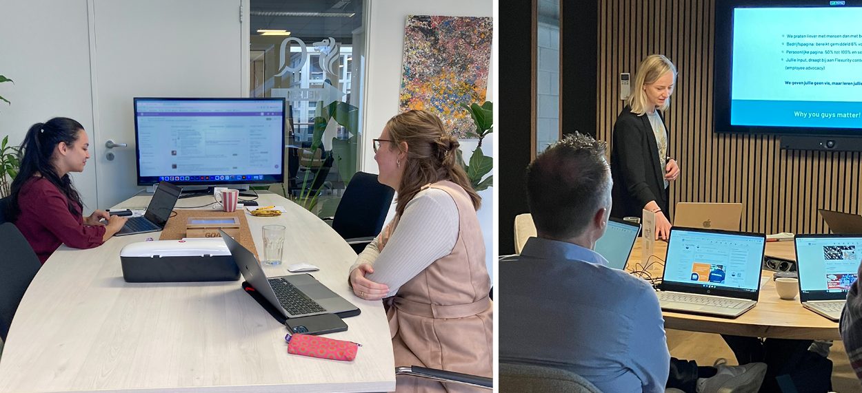 Twee zakelijke meetings met laptops en LinkedIn trainingen.